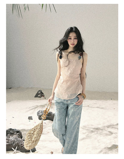 "Twinkling Starlight" Sky Blue Floral Rhinestone Wide-Leg Jeans