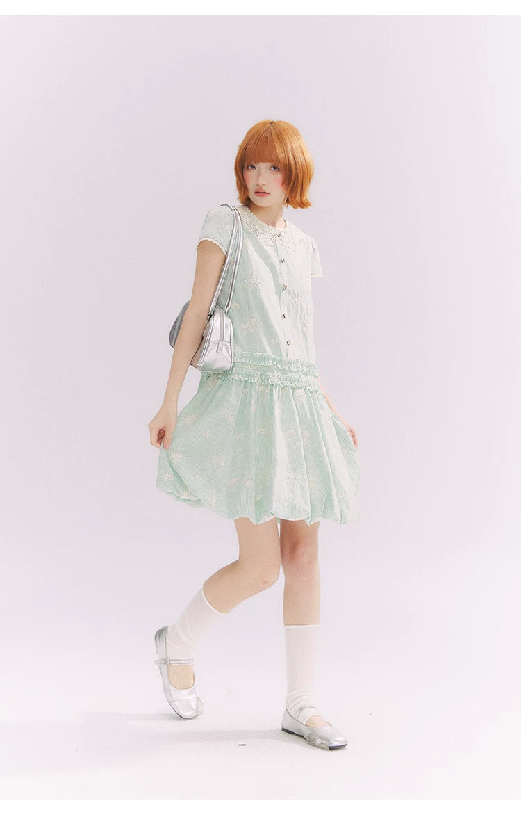 “Mint Lime” Green Stripe Lace Babydoll Dress