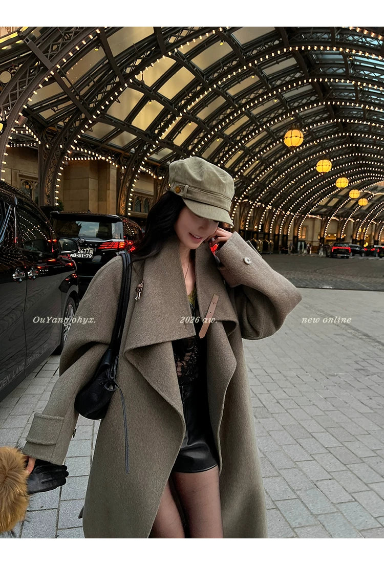QuQuOuYang - 100% Wool Double-Face Belted Coat with Convertible Collar