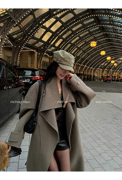 QuQuOuYang - 100% Wool Double-Face Belted Coat with Convertible Collar