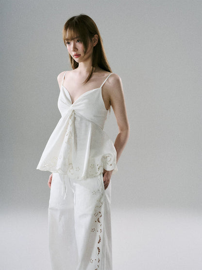 LOST FOREST - White Embroidered Linen-Blend Camisole & Wide-Leg Pants Set