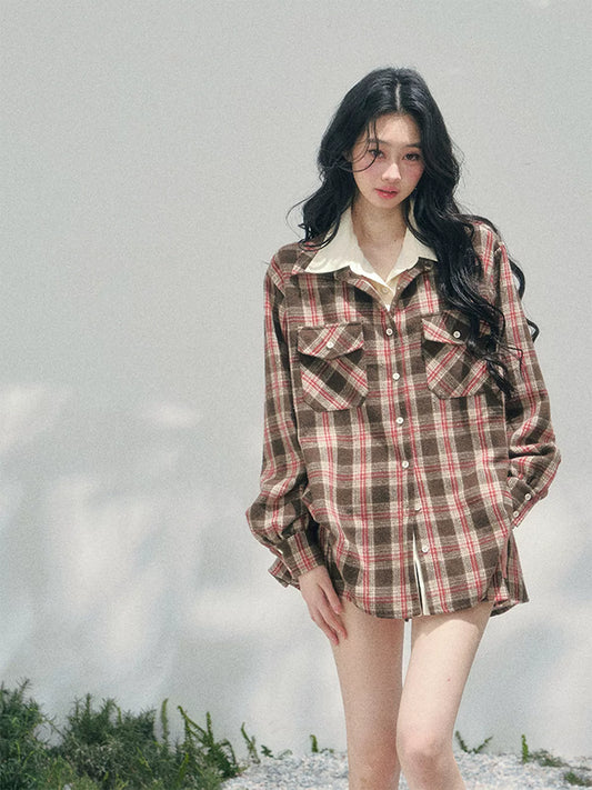 “Café Daydream” British Plaid Shirt & Mini Skirt Set