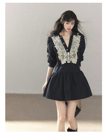 AOMALM - Navy French-Inspired Lace Shirt Mini Dress with Convertible Sleeves