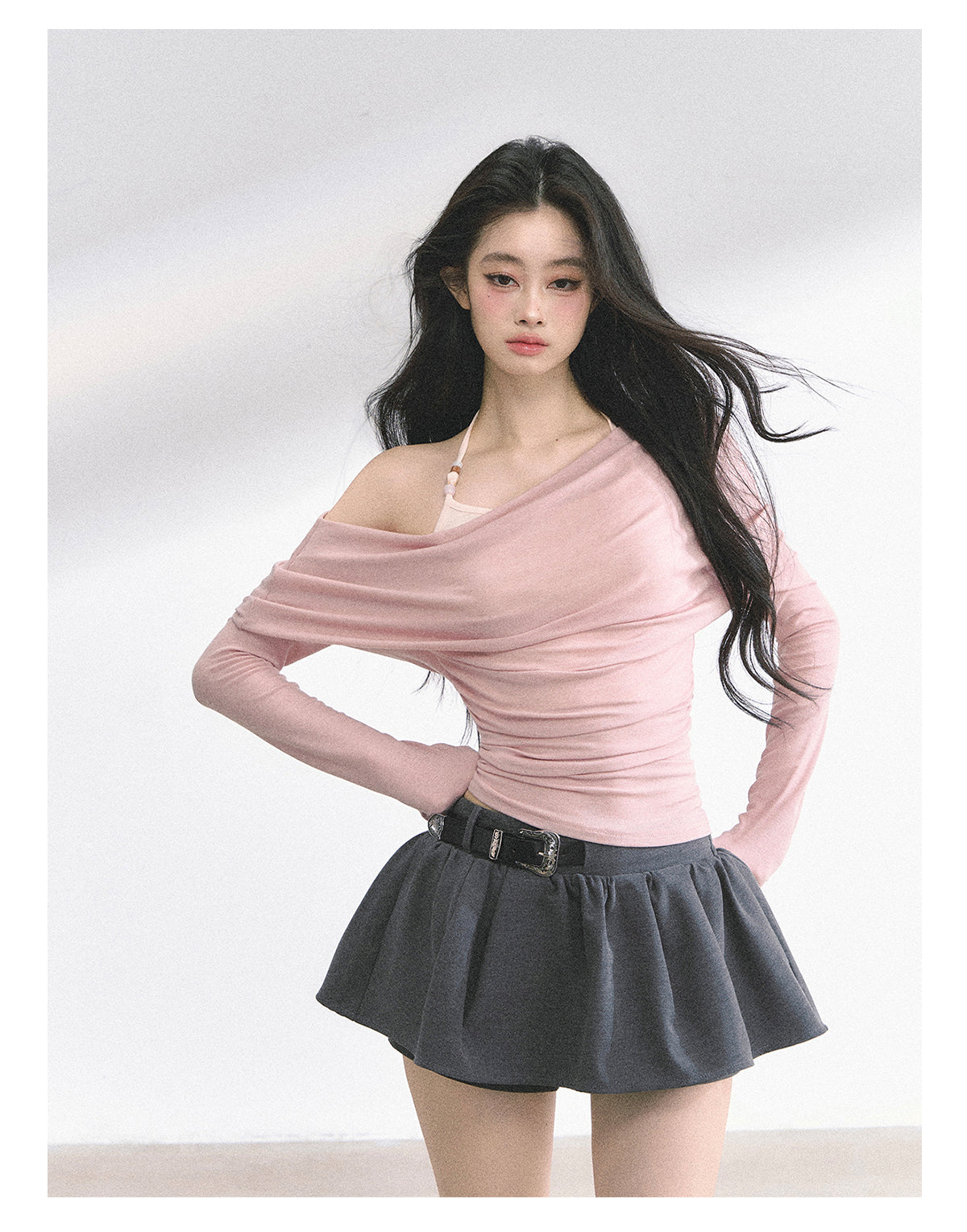 少也眼 "Soft Whisper" Korean Asymmetric Dual-Layer Off-Shoulder Top - Pink
