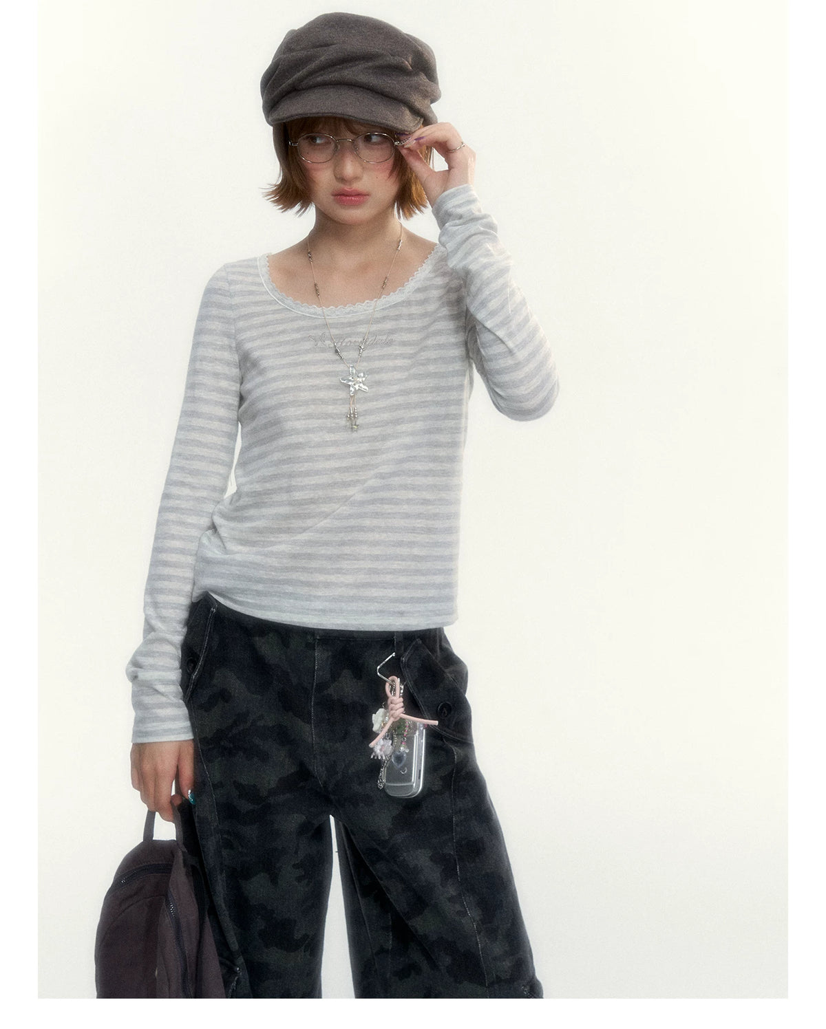 “Early Gray” Light Gray Striped Lace-Trimmed Fitted Long-Sleeve Top