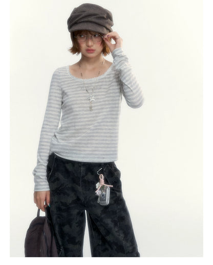 “Early Gray” Light Gray Striped Lace-Trimmed Fitted Long-Sleeve Top