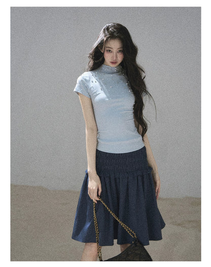 "Scattered Across the Milky Way" Pearl Beaded Knit T-Shirt (Haze Blue/ Sage Gray)