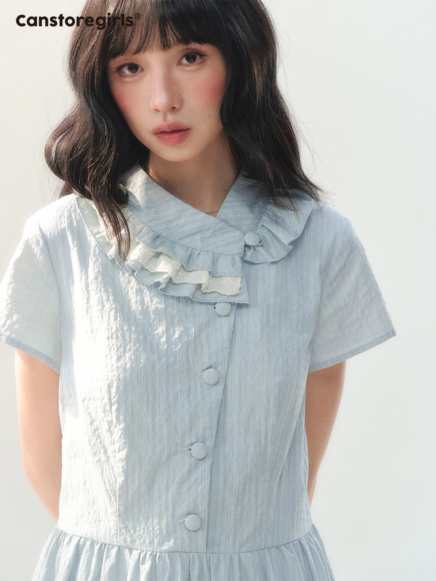 170726C "Dawn Island" Blue Puff Sleeve Doll Collar Dress
