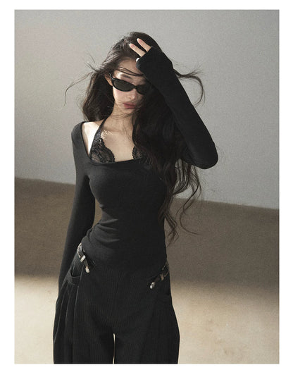 AOMALM - "Midnight Glow" Black Striped Satin Wide-Leg Pants