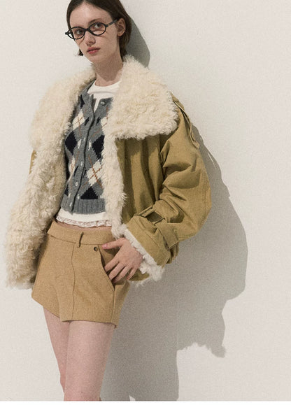 OAKMOO/ Cropped Faux Leather Shearling-Collar Jacket (Rich Black / Hazelnut Khaki)