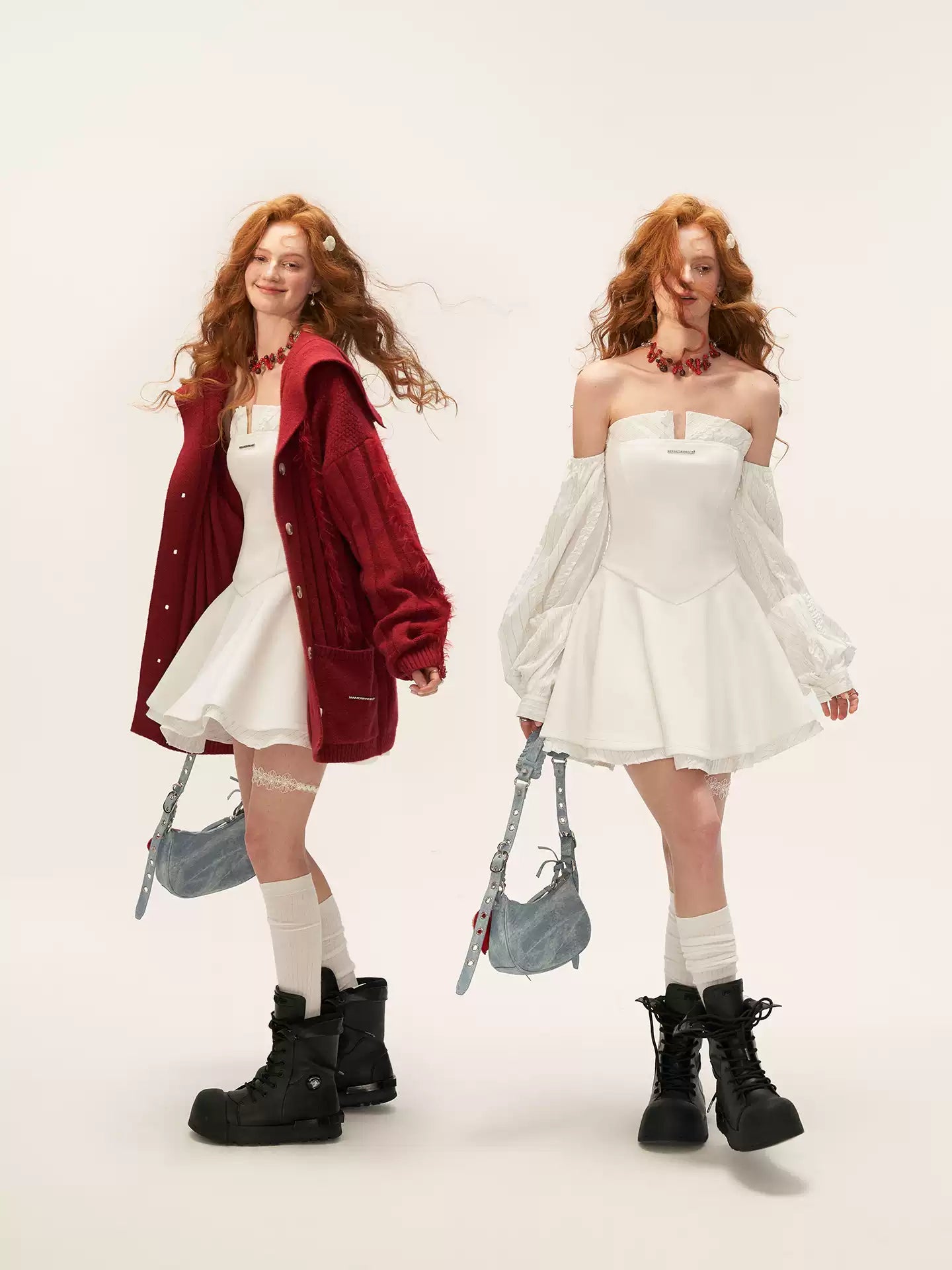 MAMC - Plaid Lantern Sleeve Corset Dress (White)