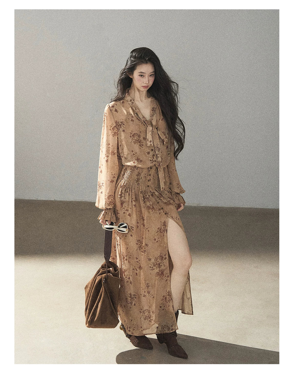 AOMALM - Oatmeal Rose-Print Chiffon Layered Maxi Dress Set