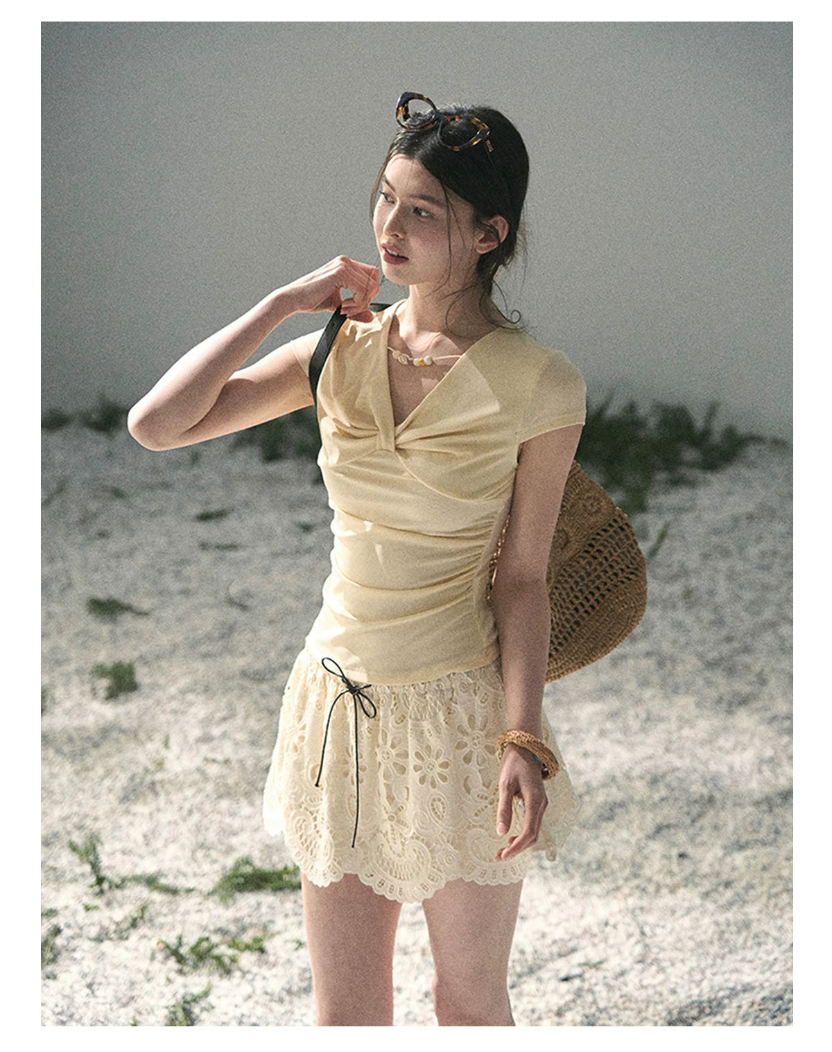 “Sheer Spring Whisper” Milkshake Yellow Twist V-Neck Top