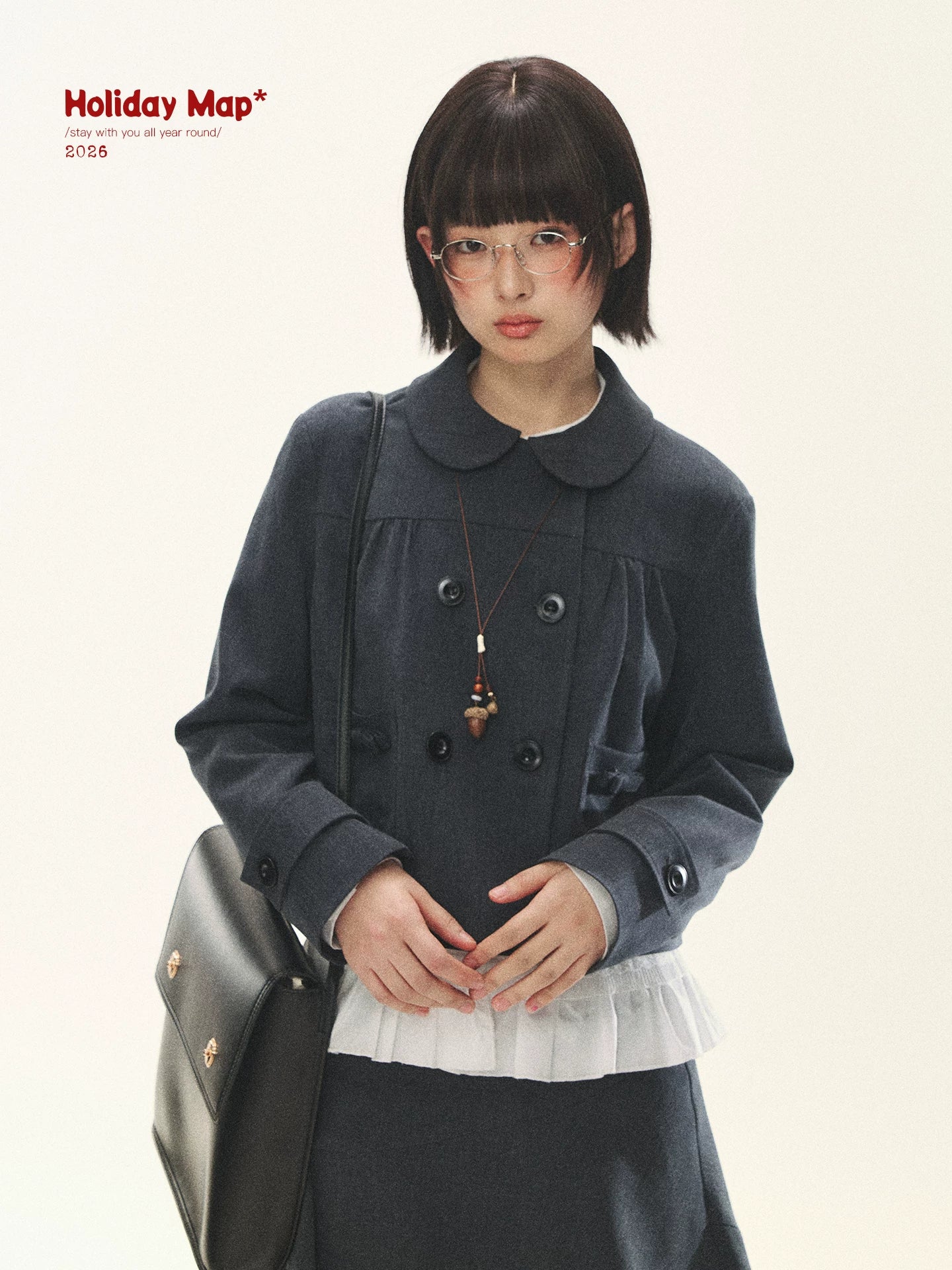 "First Day of Spring" Charcoal Gray Bow Blazer & Asymmetrical Skirt Set