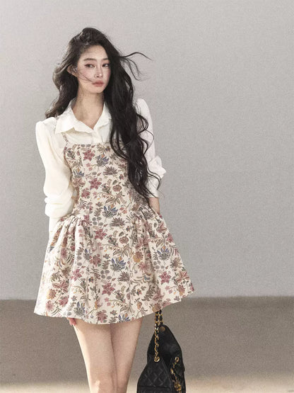 AOMALM - Dutch Cheese Floral Mini Dress & Creamy White Blouse Set