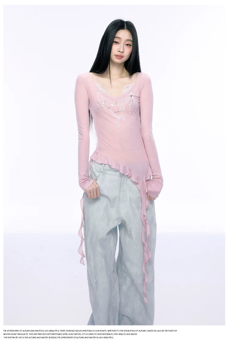 JN's DESIGN - Pink Lace Asymmetrical Top