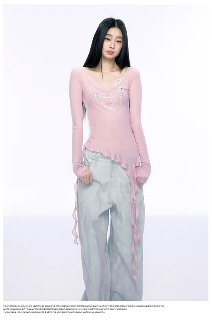 JN's DESIGN - Pink Lace Asymmetrical Top