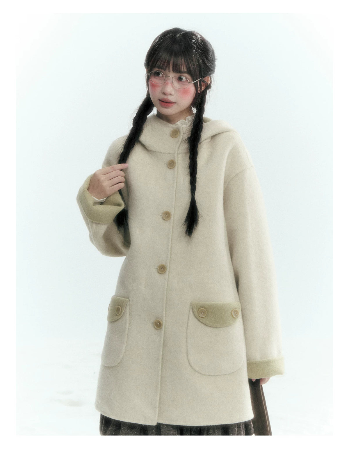 Horridale - Moss Green and Cream Reversible Hooded Wool Coat