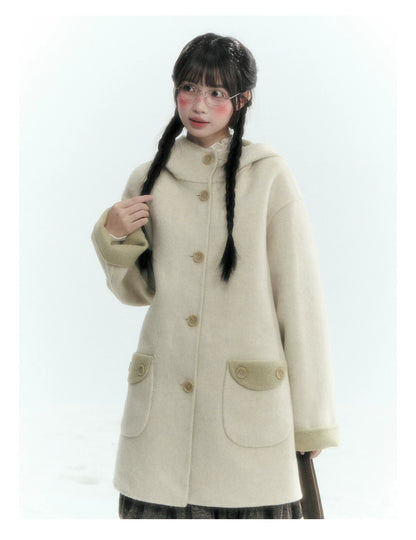 Horridale - Moss Green and Cream Reversible Hooded Wool Coat