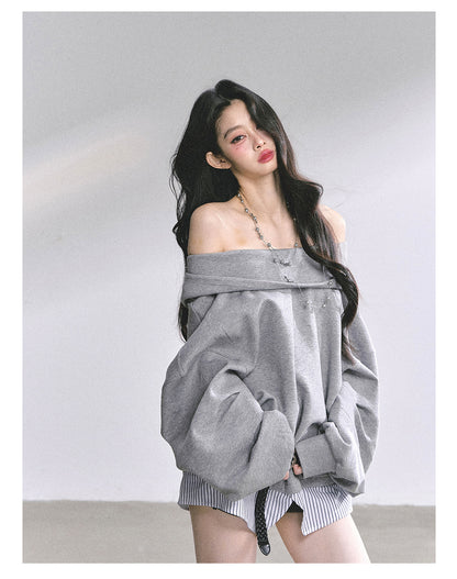 少也眼 ""Yale-Inspired Girl" Faux-Layered Oversized Hoodie with Belt 4536486