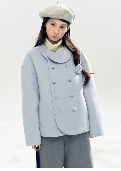 "Rose Manifesto" Frosted Blue Double-Breasted Quilted Wool-Blend Peacoat