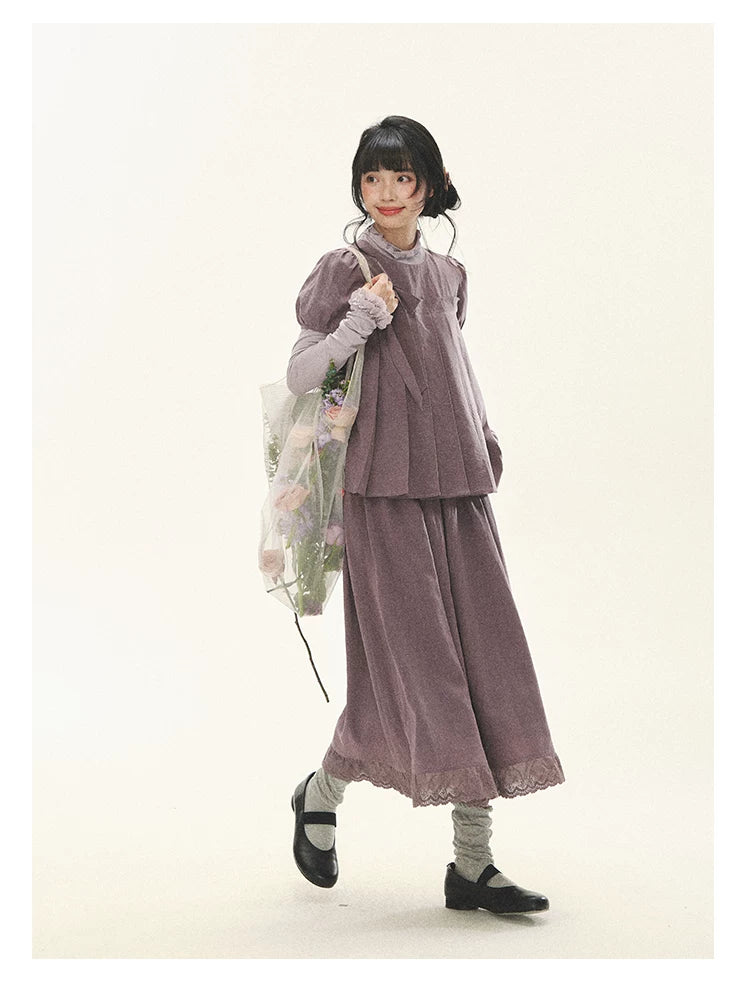 "Whispers Between Pleats" Gray Grape Purple Pleated Top & Maxi Skirt Set