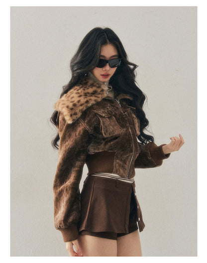 少也眼 "Defocused Dreams" Melard Leopard Utility Cropped Jacket - Chestnut Brown