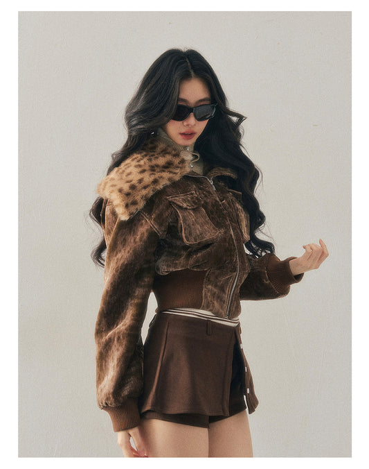 少也眼 "Defocused Dreams" Melard Leopard Utility Cropped Jacket - Chestnut Brown