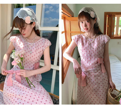 [RF] “Pink Mist Polka” Vintage Polka Dot Maxi Dress