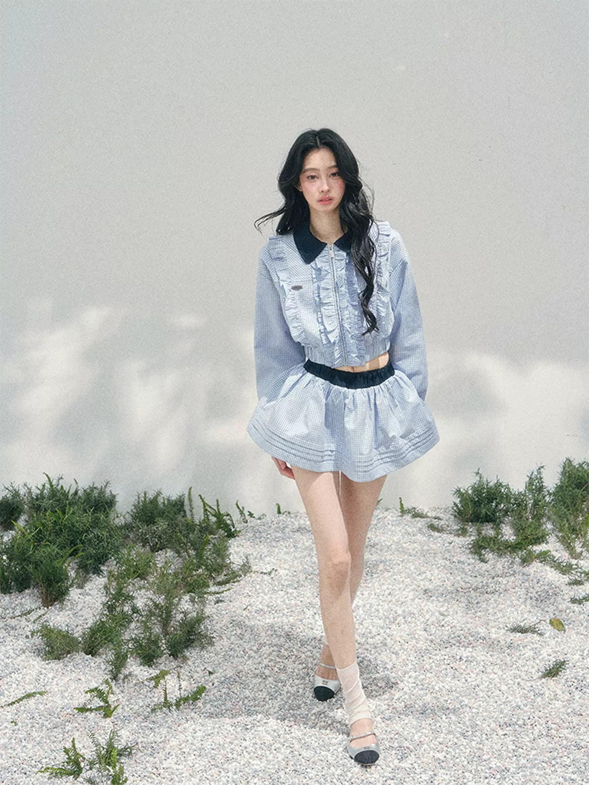 “English Manor” Plaid Cropped Top & Bubble Mini Skirt Set