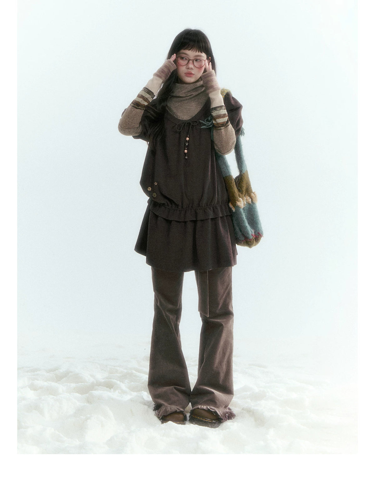 Horridale - Milk Tea Brown Floral Belt Corduroy Flare Pants