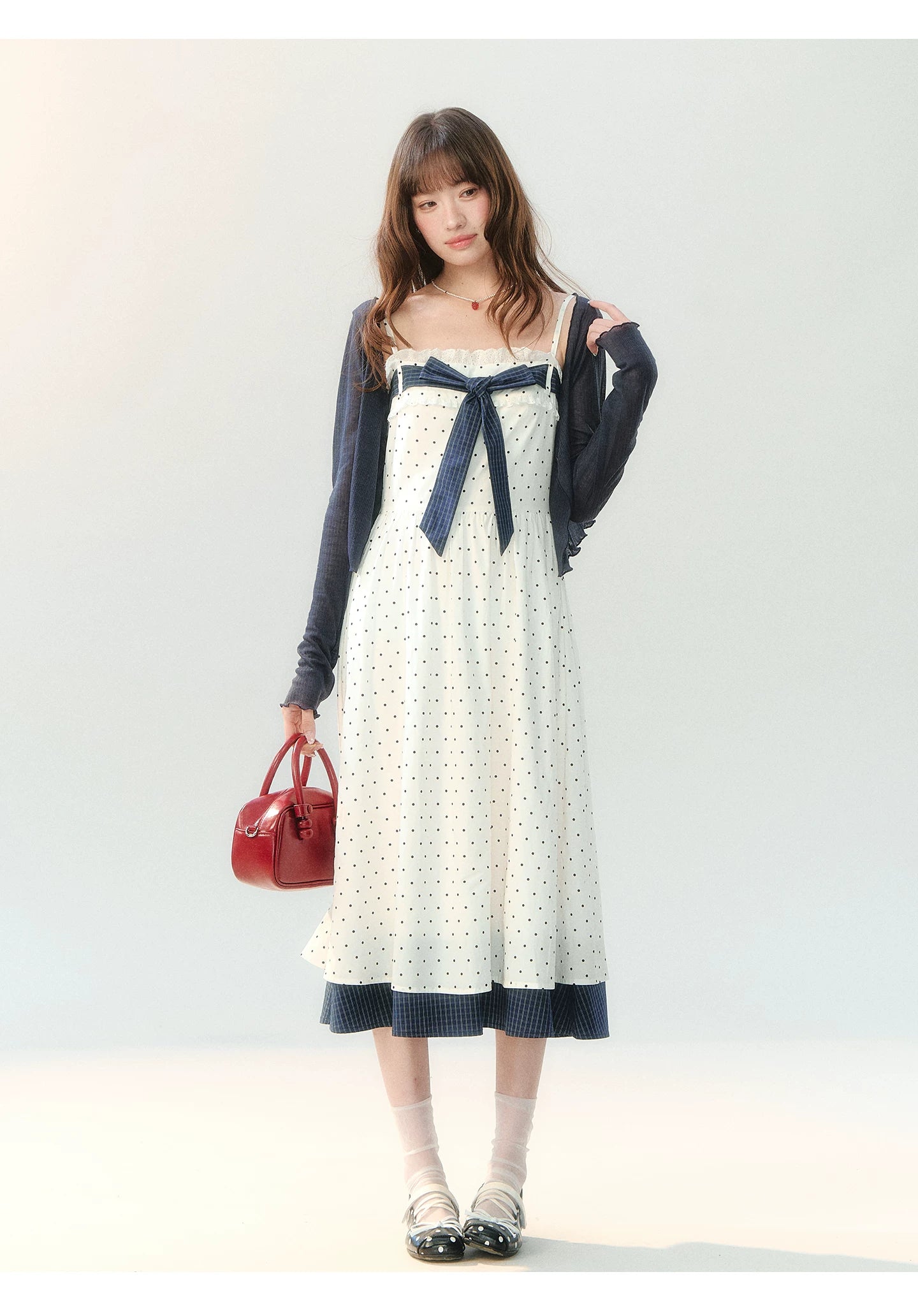 "Soft Mist Cream Puff" White Polka Dot Cami Dress LL2026207