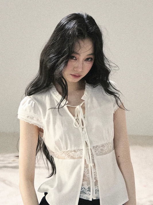 "Lace Between the Lines" Frost White Faux-Layer Cropped Shirt