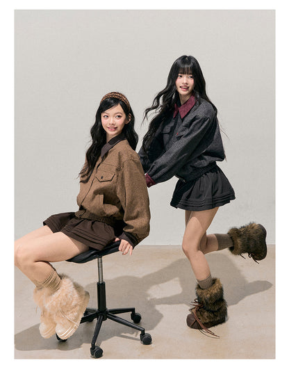 少也眼 "Wutong Leaves Falling" Hepburn Wool Tweed Jacket & Skirt Set