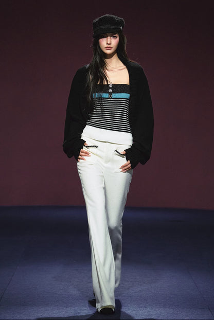 Ivory Contrast Belt Shimmer Knit Flared Pants