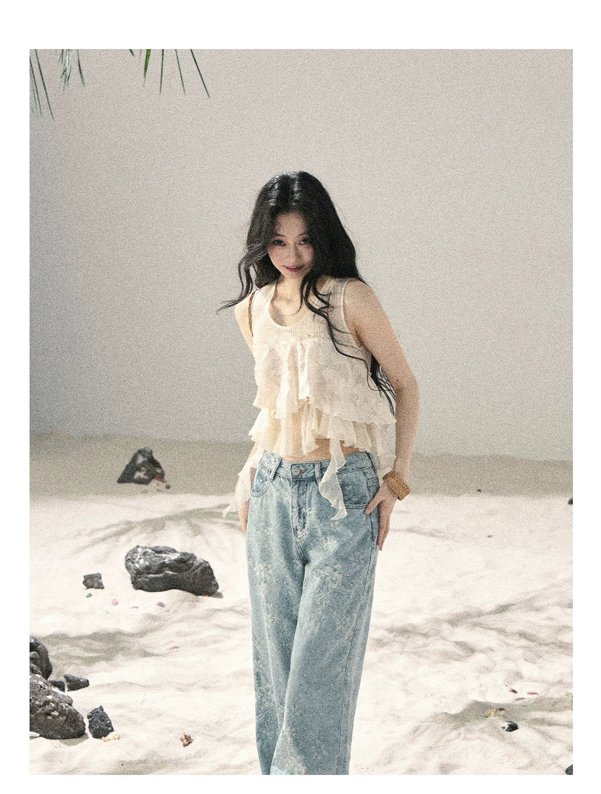 "Twinkling Starlight" Sky Blue Floral Rhinestone Wide-Leg Jeans