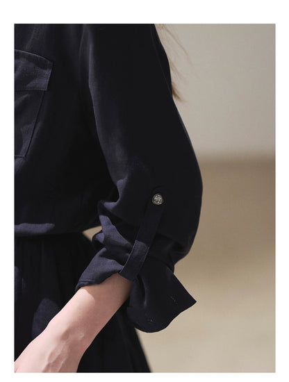 AOMALM - "Moonlight Sinks into the Sea" High-Intellect Utility Shirt Dress (Plain White / Navy Blue, with Belt & Optional Shawl)