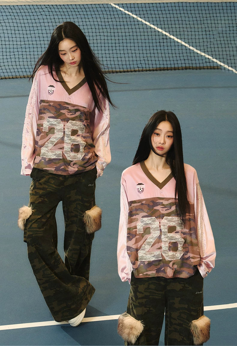 JN's DESIGN - Pink & Camo Lace-Trim V-Neck Jersey Top