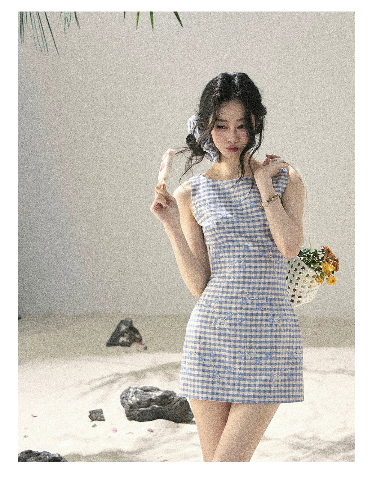 "Sea Breeze Reverie" Sky Blue Embroidered Plaid Mini Dress (With Matching Scrunchie)