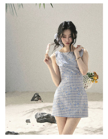 "Sea Breeze Reverie" Sky Blue Embroidered Plaid Mini Dress (With Matching Scrunchie)