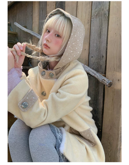 RF - Cream Yellow Hooded Wool-Blend Coat with Polka Dot Pockets