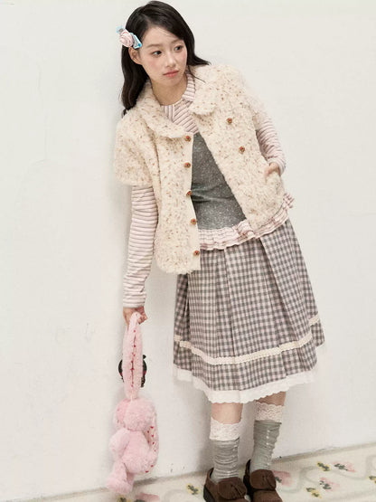 [RF] Cream Beige & Chestnut Speckle Plush Short-Sleeve Vest Jacket with Peter Pan Collar