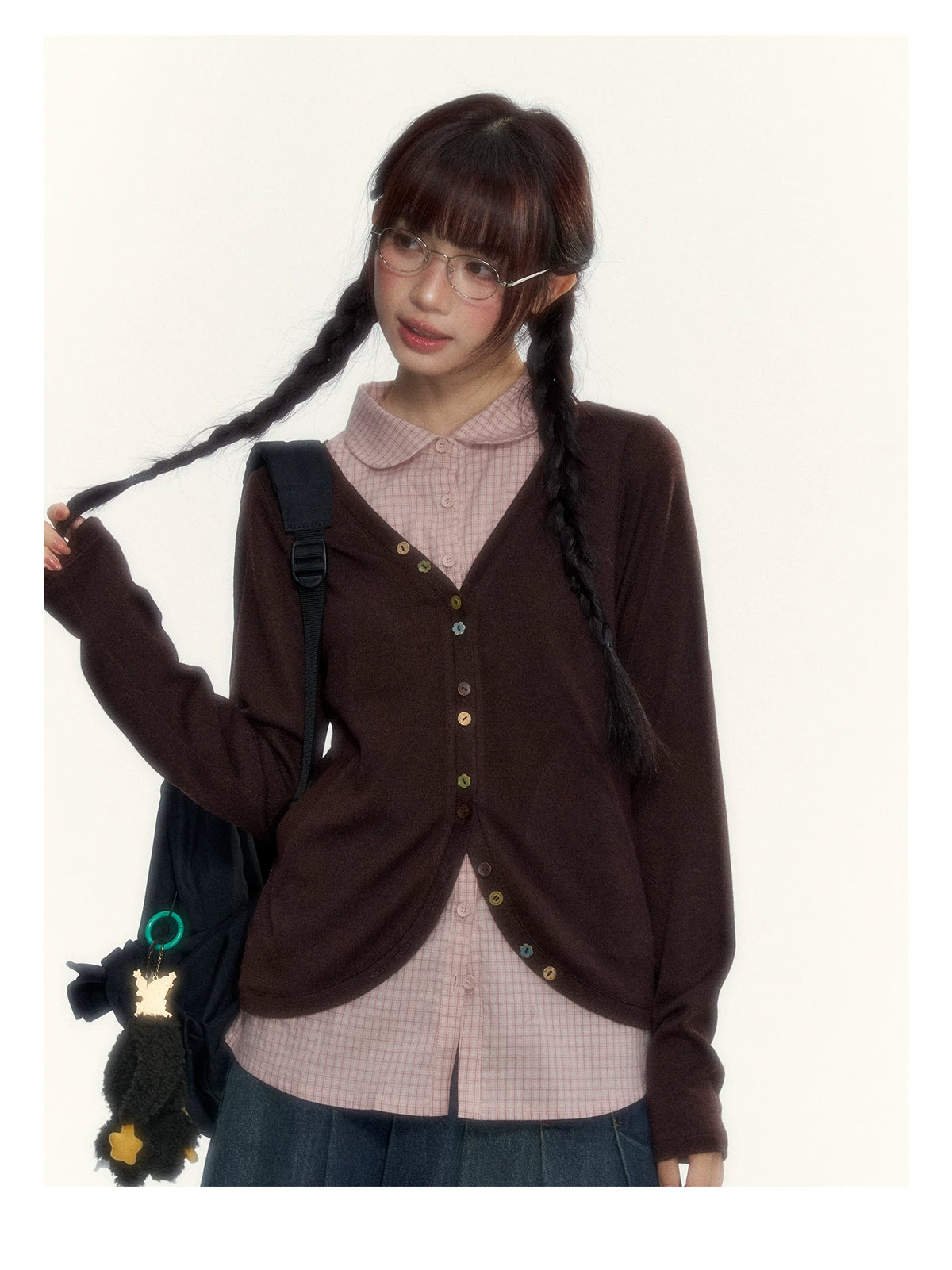“Chestnut Book Knit” Red Brown Faux-Layered Colorful Button Cardigan