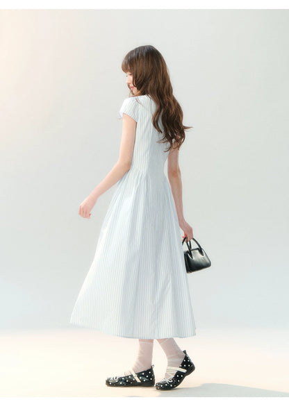 "Academy Breeze Letter" White Stripe Contrast Collar Dress