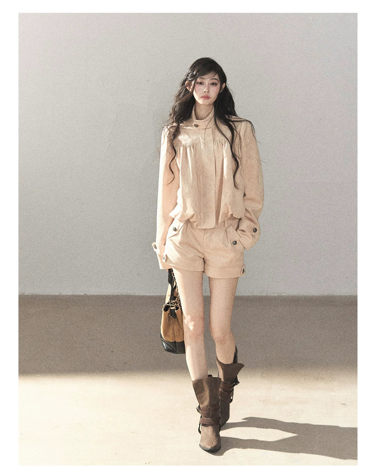 AOMALM - Mauve Faux Suede Jacket & Cargo Shorts Set