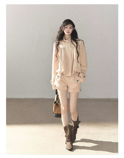 AOMALM - Mauve Faux Suede Jacket & Cargo Shorts Set