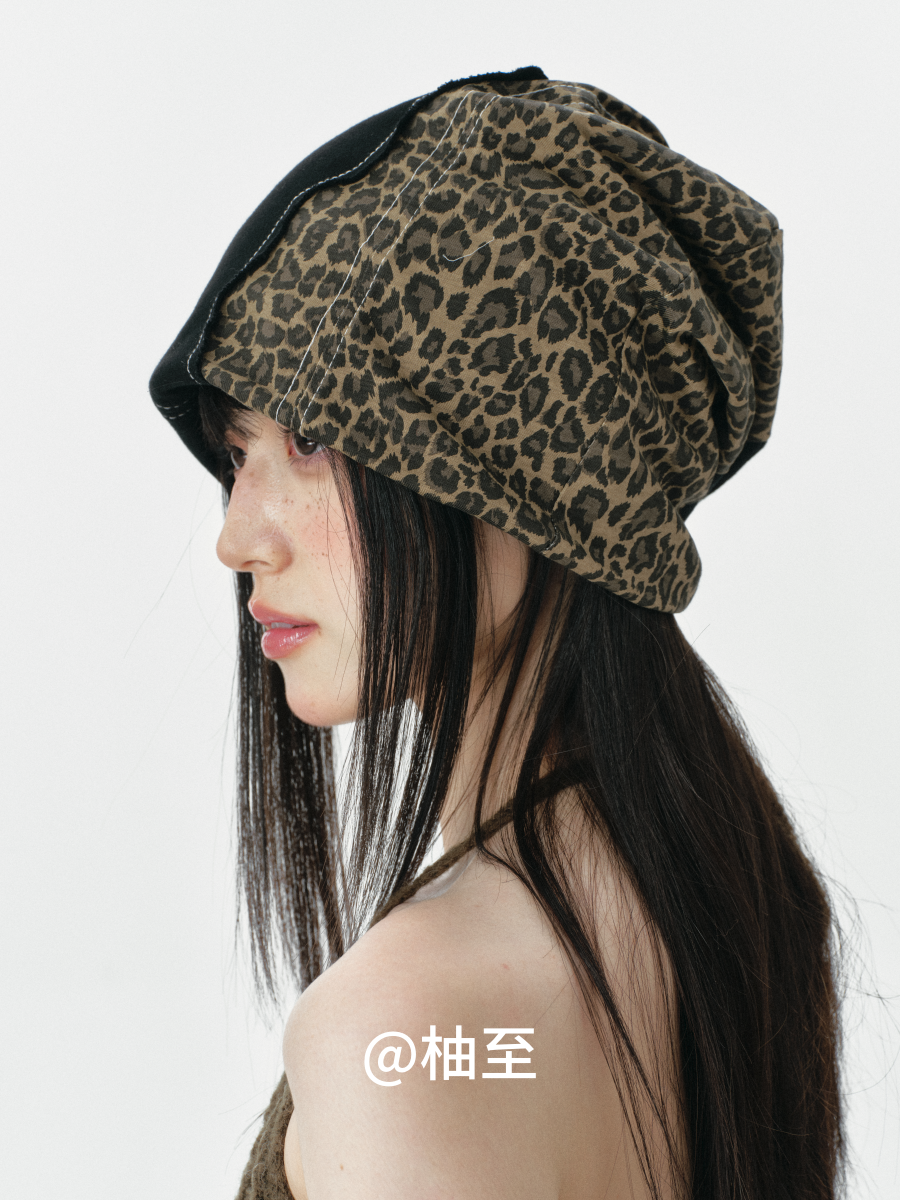 Leopard Patchwork Headscarf Beanie – Korean Style Slouchy Cap