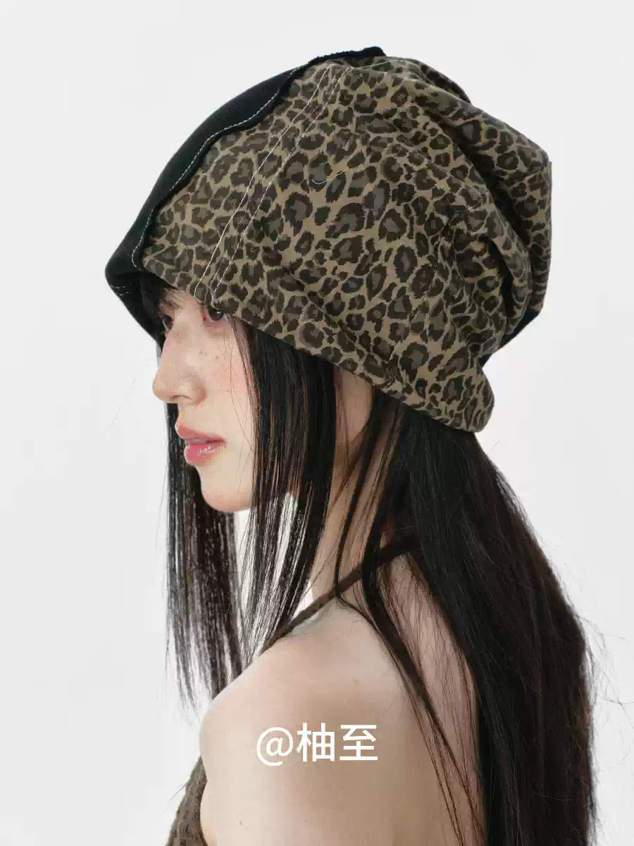 Leopard Patchwork Headscarf Beanie – Korean Style Slouchy Cap