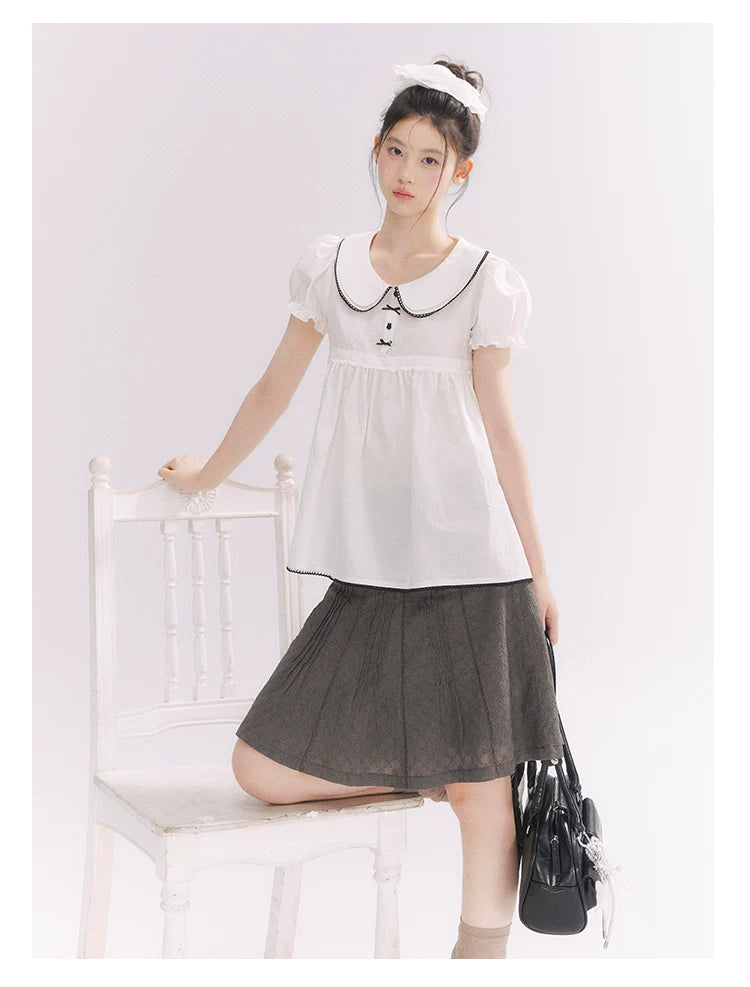 “Misty Texture” Gray Plaid Trim Embroidered A-Line Skirt