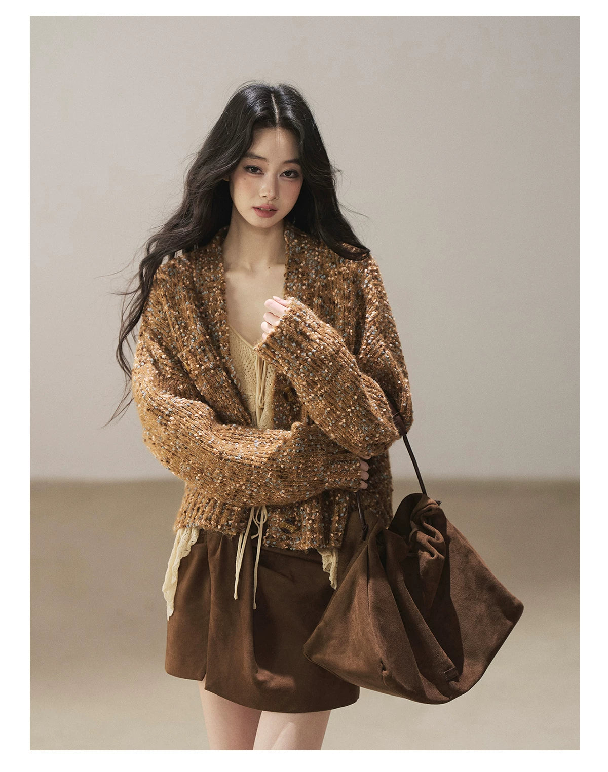 AOMALM - "The Gap of Light" Cheese Yellow Korean Ruffle Lace-Trim Knit Cardigan